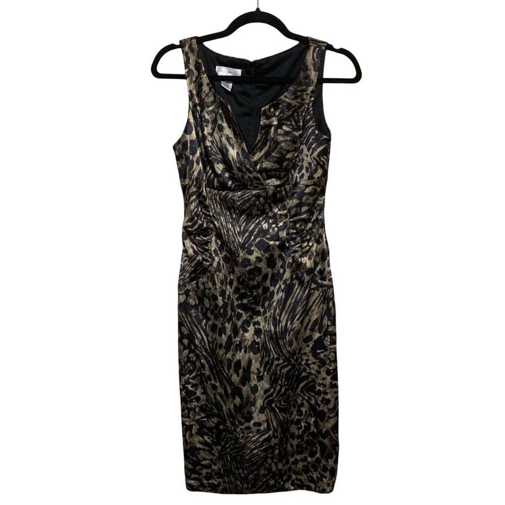London Style Dress Sleeveless Animal Print Bodycon‎ Midi Sz 6 Cocktail MOB WIFE